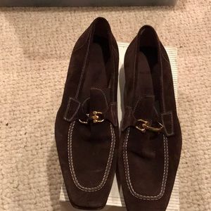 Brown suede shoes with gold hardware  men’s